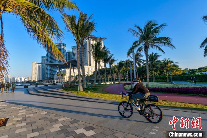 圖為市民在海口灣騎行，享受久別的藍(lán)天陽(yáng)光。　駱云飛 攝