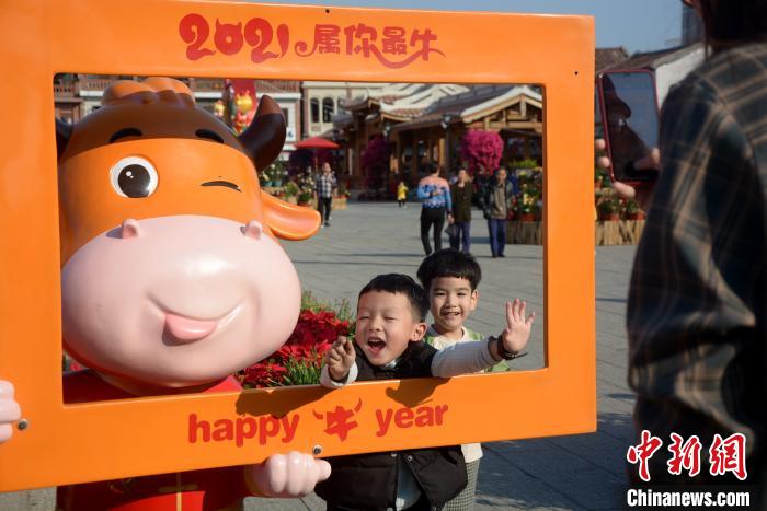 漳州古城內(nèi)年味十足，“年宵花展”吸引眾多市民拍照、賞春。　龔雯 攝