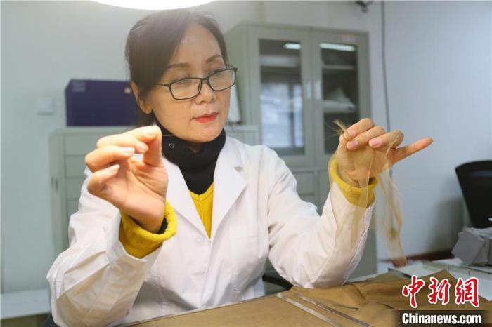 據(jù)趙喜梅介紹，修復(fù)文物紡織品所用的縐絲紗比頭發(fā)絲還細(xì)?！「哒?攝
