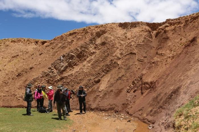 丁林院士帶領(lǐng)團(tuán)隊(duì)在倫坡拉盆地進(jìn)行野外考察?！≈锌圃呵嗖馗咴?供圖