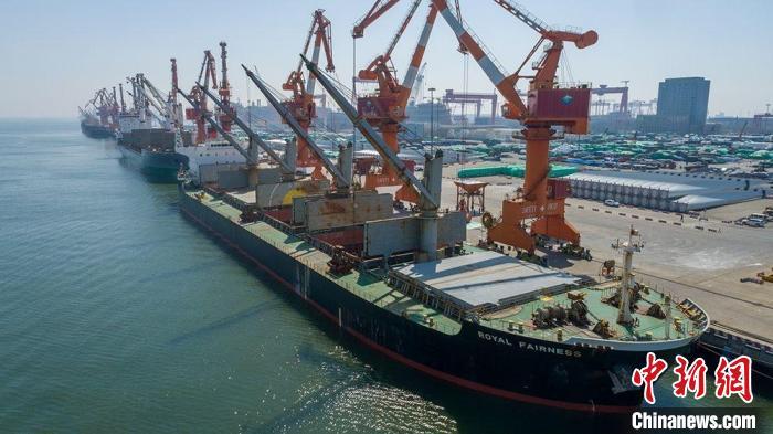 資料圖：天津港接卸5年來鉀肥進(jìn)口單船最大載重量貨輪?！√旖蚋奂瘓F(tuán)供圖