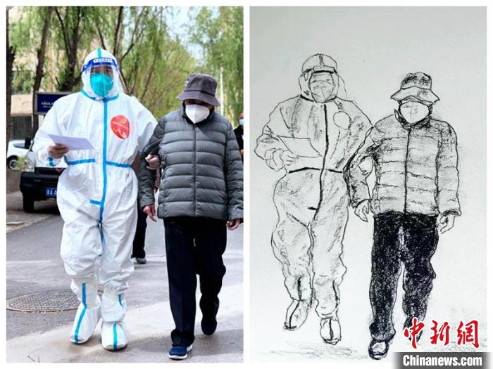 圖為一名“大白”攙扶著老人。　青海省自然資源廳 供圖