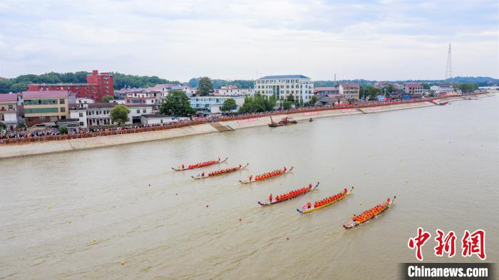 圖為無人機(jī)航拍參賽的龍舟隊(duì)伍在開闊的贛江上奮勇爭(zhēng)先，岸邊擠滿了前來觀賽的民眾。　邱哲 攝