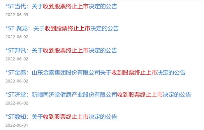 部分上市公司收到的股票終止上市決定的公告。