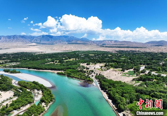 航拍貴德縣黃河岸畔綠意盎然?！●R銘言 攝