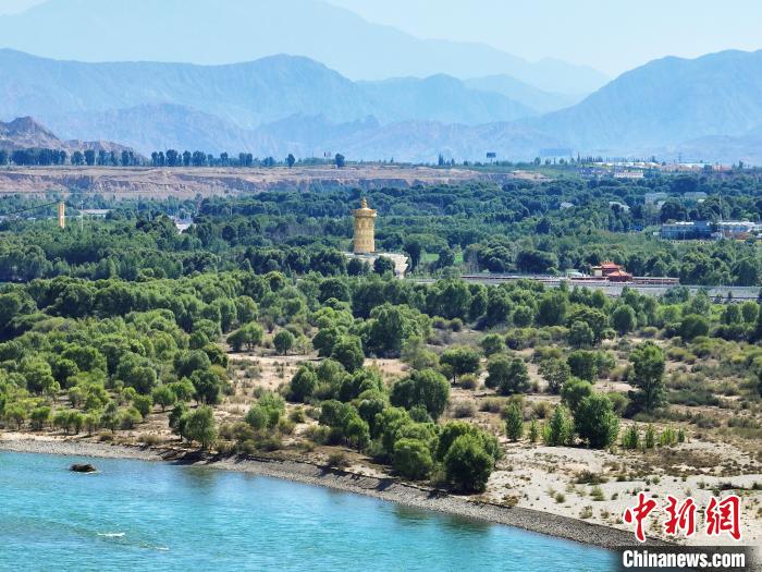 航拍貴德縣黃河岸畔綠意盎然?！●R銘言 攝