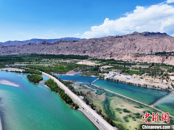 航拍貴德縣黃河岸畔綠意盎然?！●R銘言 攝