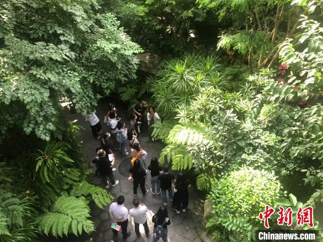 “爭先崛起看中部”——第十七屆全國網(wǎng)絡(luò)媒體山西行采訪團(tuán)在熱帶雨林館聽取講解。　李庭耀 攝