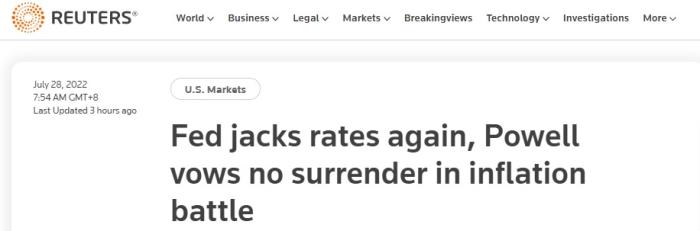美聯(lián)儲再加息，鮑威爾誓言不向通脹投降。圖片來源：路透社報道截圖