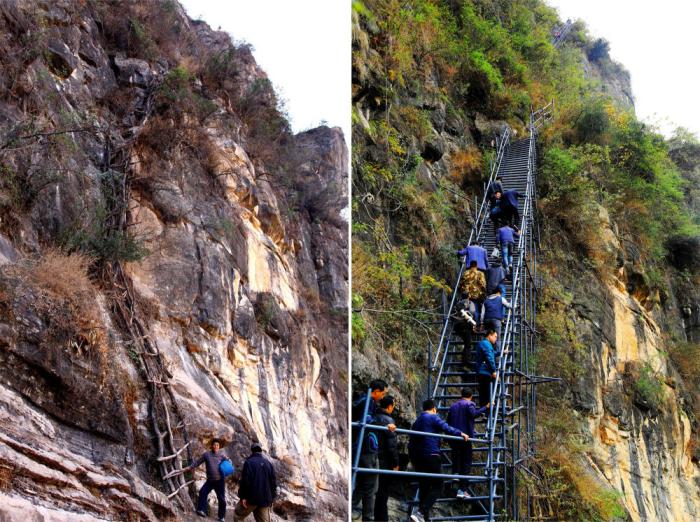 拼版照片：左圖為2013年2月22日拍攝的四川省涼山彝族自治州昭覺(jué)縣“懸崖村”阿土勒爾村的藤梯；右圖為2016年11月29日，在四川省涼山彝族自治州昭覺(jué)縣，人們沿著剛建好的鋼梯登上“懸崖村”。新華社發(fā)(阿克鳩射 攝)