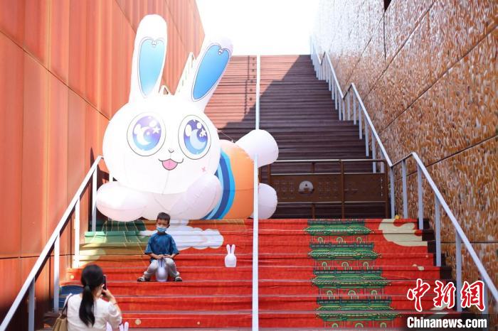 小朋友與兔子合影。　泱波 攝