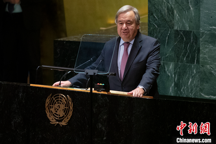 聯(lián)合國秘書長古特雷斯致辭。 <a target='_blank' href='/'>中新社</a>記者 廖攀 攝