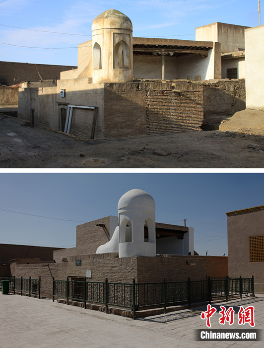圖為修復(fù)前后的哈?！つ吕聨焓矂e吉清真寺。許言 供圖