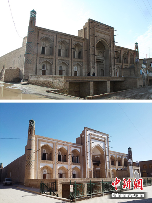 圖為修復(fù)前后的哈?！つ吕聨焓矂e吉清真寺。許言 供圖