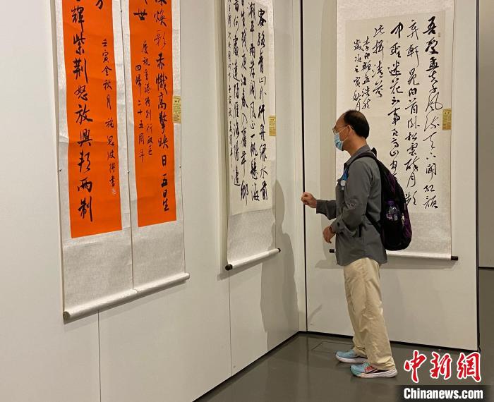 入場人士觀賞書法作品?！∥喝A都 攝