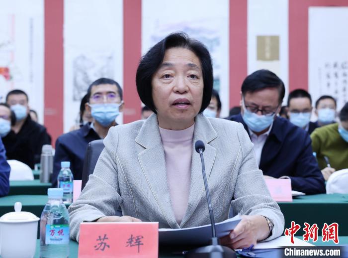 圖為全國(guó)政協(xié)副主席、臺(tái)盟中央主席蘇輝出席會(huì)議并發(fā)言?！∨_(tái)盟中央供圖