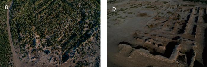 遺址航拍影像：a)Djarkutan神廟遺址；b)Sapalli遺址。　 陳冠翰 供圖