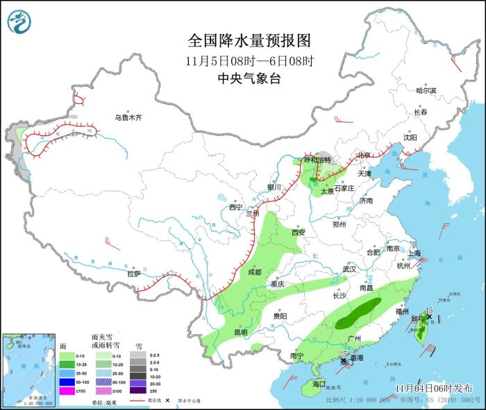 全國(guó)降水量預(yù)報(bào)圖(11月5日08時(shí)-6日08時(shí))