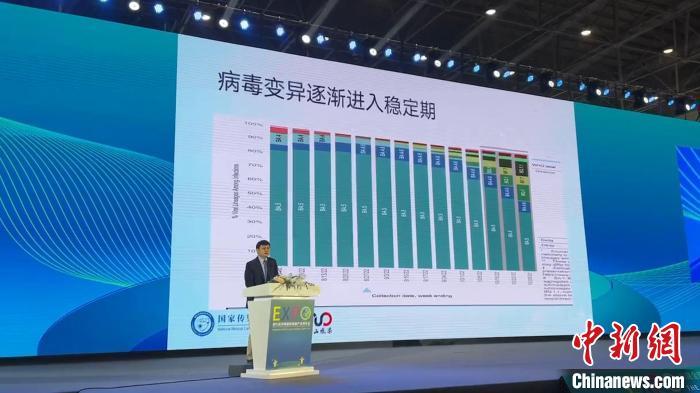 11月18日，張文宏在第六屆海南國際健康產(chǎn)業(yè)博覽會上發(fā)表演講，稱新冠病毒變異漸進穩(wěn)定期，圖為現(xiàn)場?！￡愑⑶?攝