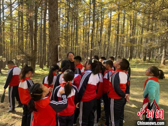 圖為付麗紅帶著學(xué)生走進(jìn)森林“上課”?！「尔惣t供圖