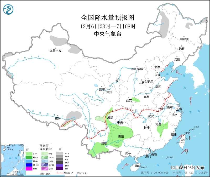 全國(guó)降水量預(yù)報(bào)圖(12月6日08時(shí)-7日08時(shí))