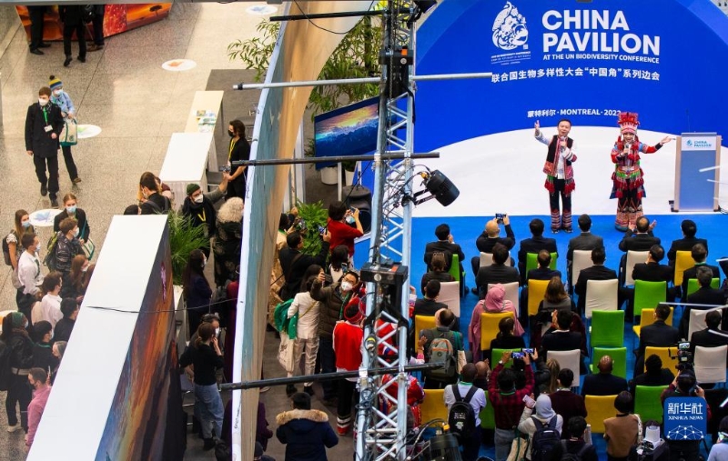 12月15日，在加拿大蒙特利爾《生物多樣性公約》第十五次締約方大會（COP15）第二階段會議的中國角云南日活動上，與會者欣賞彝族歌手李懷秀（右上）、李懷福的表演。（圖源：新華社）