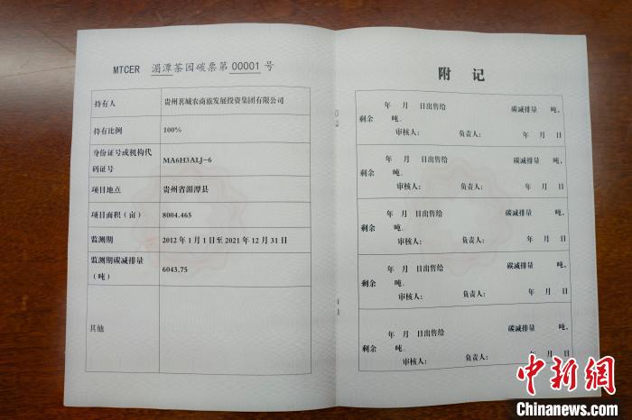 圖為茶園碳票。 湄潭縣融媒體中心供圖