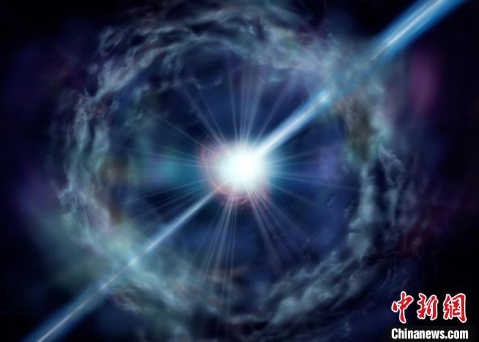 迄今發(fā)現(xiàn)的最亮伽馬射線暴(GRB 221009A)想象圖?！≈锌圃焊吣芩?供圖