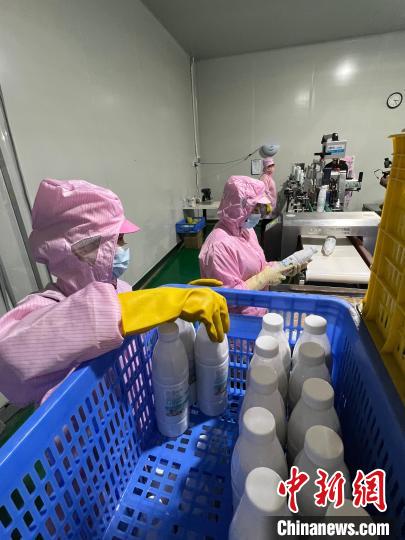 鮮友的生產(chǎn)車間內(nèi)，員工收集灌裝好的果汁，準(zhǔn)備送進(jìn)冷凍庫(kù)?！÷访?攝