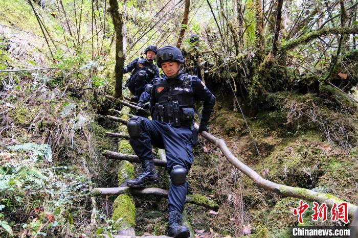 4月9日，拉郊邊境派出所移民管理警察在邊境地區(qū)原始森林進行戍邊巡邏?！〗w波 攝