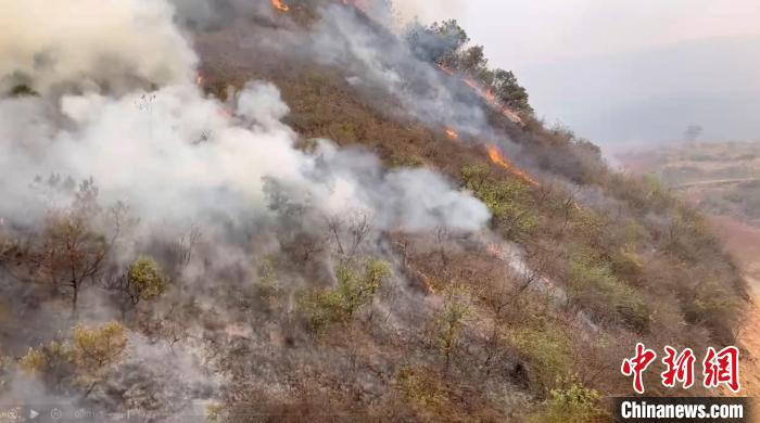 圖為玉溪山火現(xiàn)場?！≡颇鲜∩窒揽傟牴﹫D