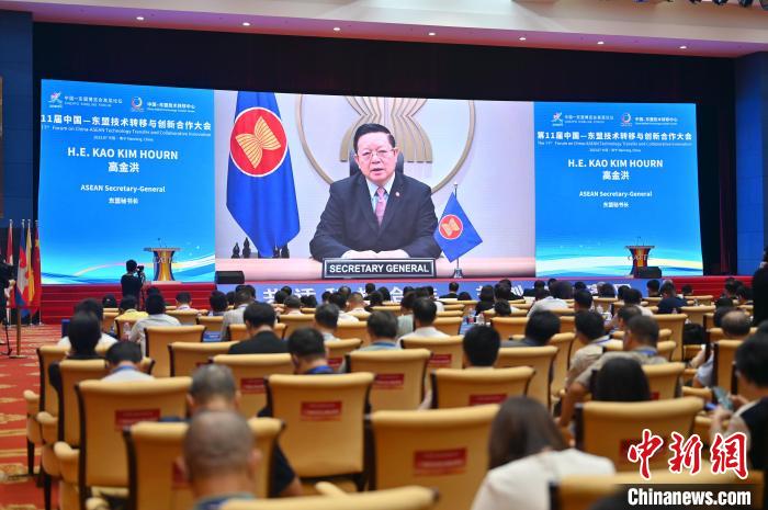 圖為東盟秘書長高金洪在第11屆中國—東盟技術轉移與創(chuàng)新合作大會上進行線上發(fā)言?！∮峋?攝