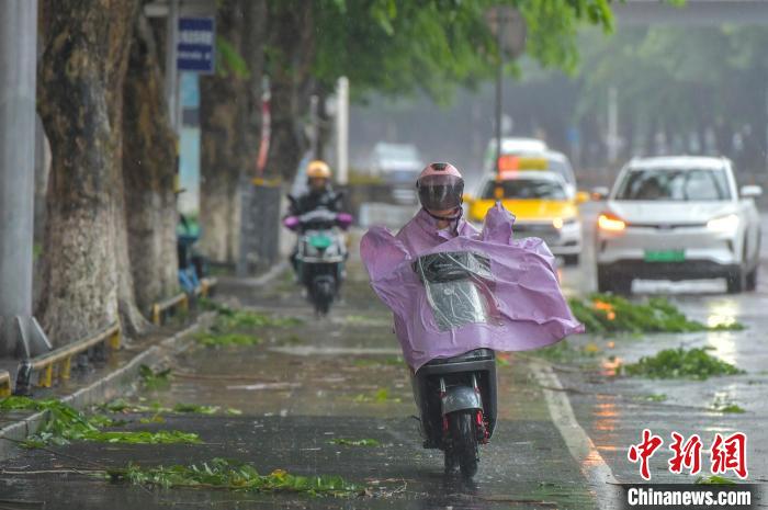 圖為海口市民冒雨出行。　駱云飛 攝