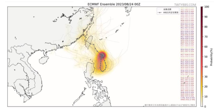 臺灣臺風(fēng)論壇分享歐洲模式預(yù)報圖，臺風(fēng)“蘇拉”未來路徑可能穿越臺灣