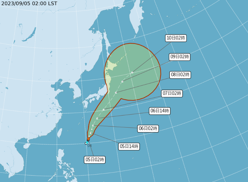 第13號(hào)颱風(fēng)鴛鴦?lì)A(yù)估今天生成，將朝東北方快速前進(jìn)，對(duì)臺(tái)灣沒有影響。（中央氣象局提供）