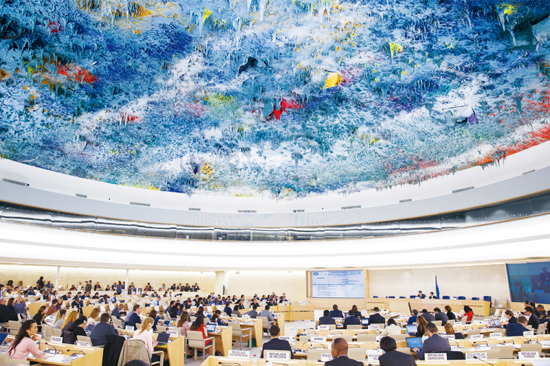 2017年3月20日，中國代表在聯(lián)合國人權(quán)理事會第三十四次會議上代表發(fā)展中國家發(fā)言。3天后，人權(quán)理事會通過決議，明確表示要“構(gòu)建人類命運(yùn)共同體”。（圖源：新華社） 