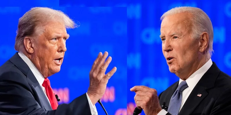 6月27日，民主黨籍現(xiàn)任總統(tǒng)拜登（右）與共和黨籍前總統(tǒng)特朗普（左）在佐治亞州亞特蘭大市參加2024年美國總統(tǒng)選舉首場候選人電視辯論。（圖源：美聯(lián)社）
