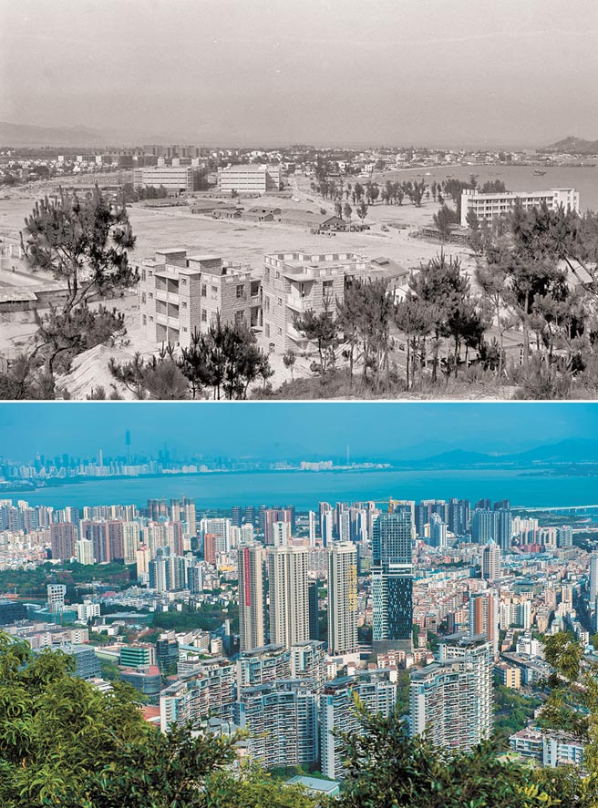 上圖為深圳蛇口工業(yè)區(qū)一瞥；下圖為2015年2月26日，廣東自貿(mào)區(qū)深圳前海蛇口片區(qū)內(nèi)的蛇口片區(qū)。（圖源：新華社）。