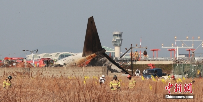 當(dāng)?shù)貢r(shí)間12月29日上午9時(shí)7分許，由泰國曼谷起飛的濟(jì)州航空7C2216號(hào)航班在位于韓國全羅南道的務(wù)安機(jī)場著陸時(shí)以機(jī)腹著陸，之后脫離跑道撞向機(jī)場圍墻，并爆炸起火。機(jī)上共有181人，截至當(dāng)?shù)貢r(shí)間18時(shí)10分，消防部門已確認(rèn)176人遇難，3人仍失蹤，2人獲救。圖為熏黑的飛機(jī)尾部。<a target='_blank' href='/'>中新社</a>發(fā) 韓國紐斯頻通訊社 供圖